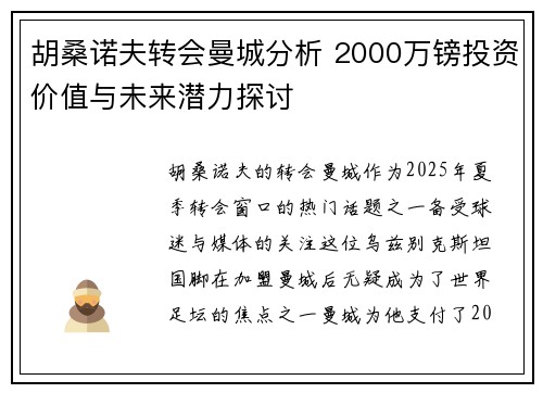 胡桑诺夫转会曼城分析 2000万镑投资价值与未来潜力探讨